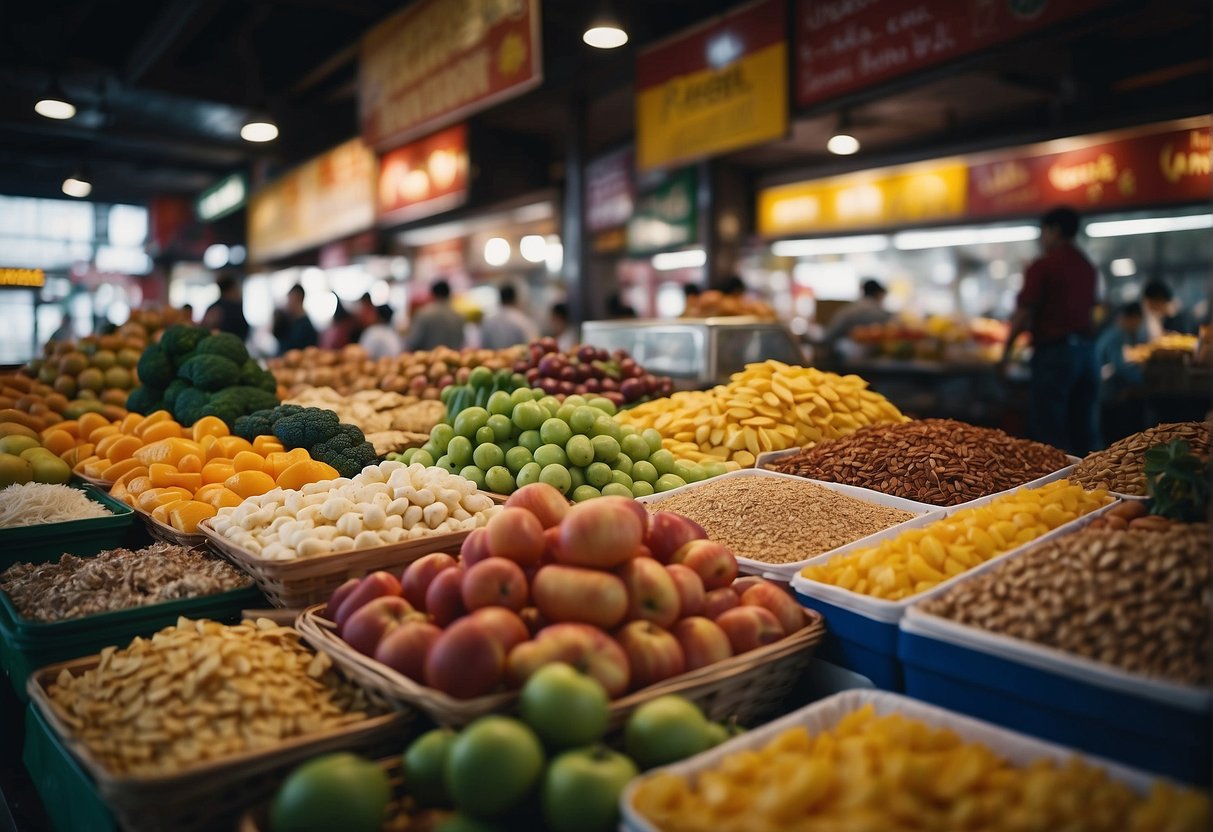 A colorful array of international and local food and drink products on display at a bustling market