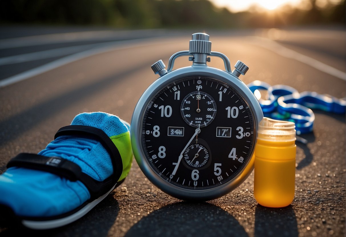 A marathon training program summary with running shoes, a stopwatch, and a water bottle on a track