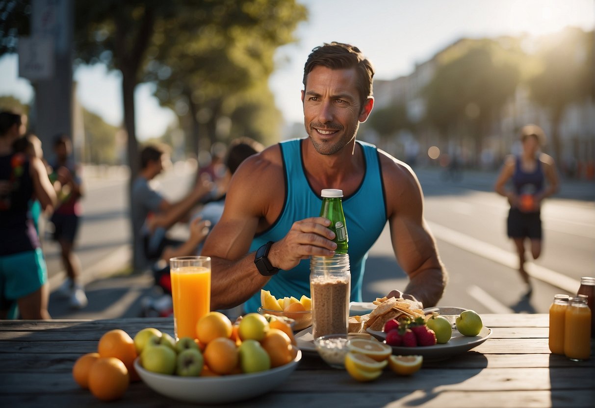 A marathon runner refueling with a balanced meal after a long training session, surrounded by sports drinks, fruits, and protein bars