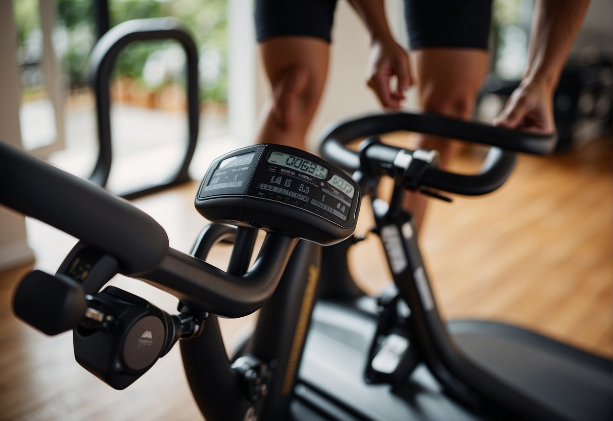 A person follows a daily cycling workout program on a stationary bike in a home setting