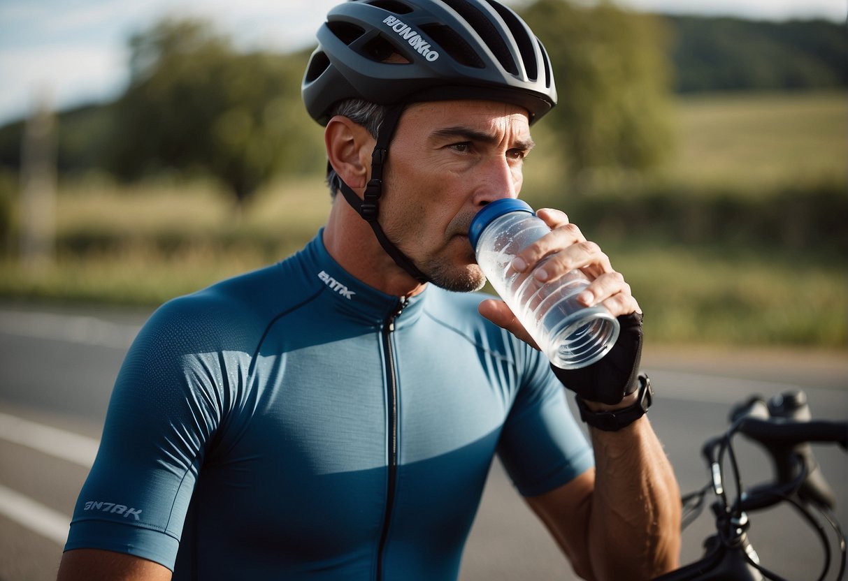 A cyclist drinking water and eating a nutritious snack during a training program