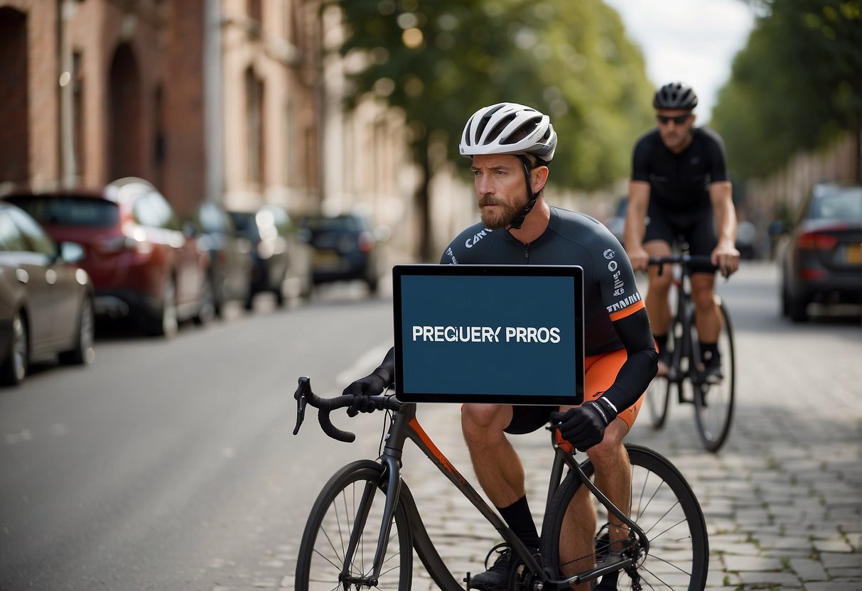 A cyclist following a training program, surrounded by cycling equipment and a digital device displaying "Frequently Asked Questions träningsprogram cykel."