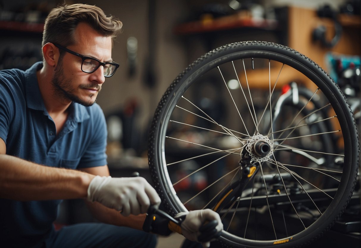A bike repair technician using tools to fix a bicycle in a workshop