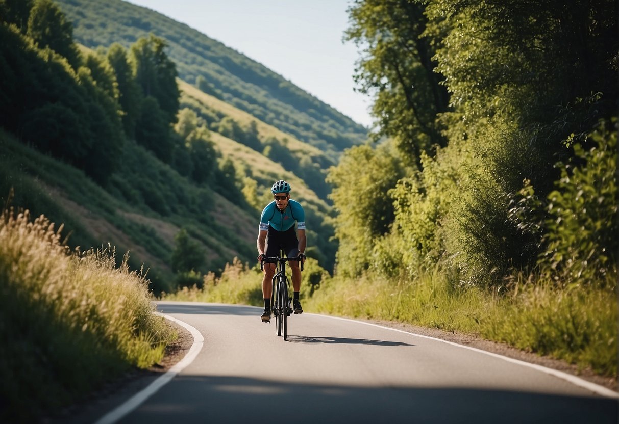 A cyclist rides along a winding road, surrounded by lush green trees and rolling hills under a clear blue sky