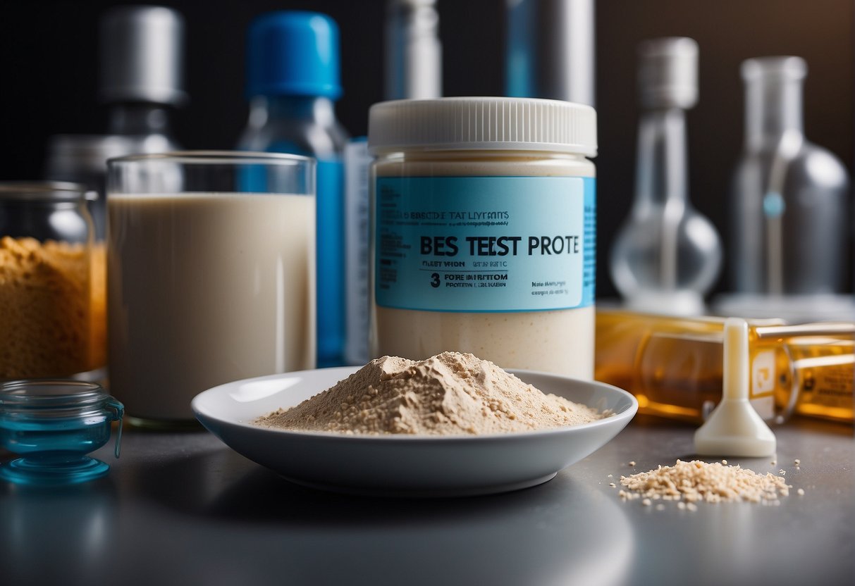 A scoop of protein powder surrounded by various test tubes and scientific equipment, with a "best in test" label prominently displayed
