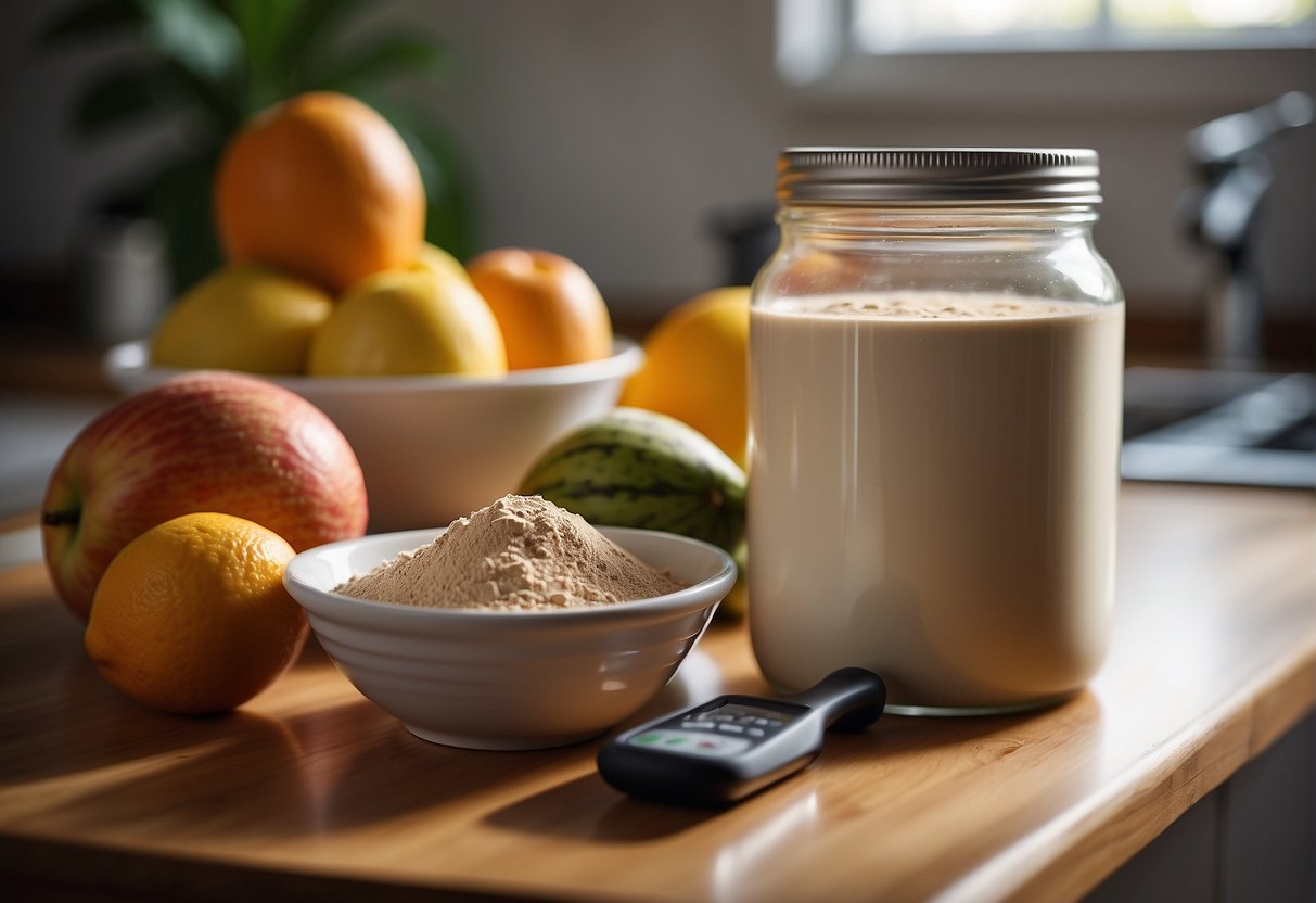A jar of protein powder sits on a kitchen counter, surrounded by fresh fruits and a blender. A measuring scoop is placed next to the jar