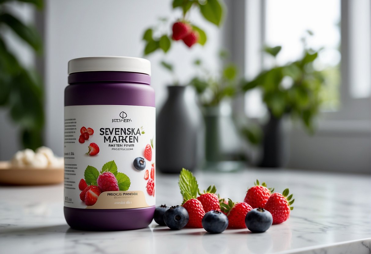 A jar of Svenska Märken och Produkter protein powder stands on a clean, white countertop, surrounded by a scattering of fresh berries and a sleek, modern shaker bottle