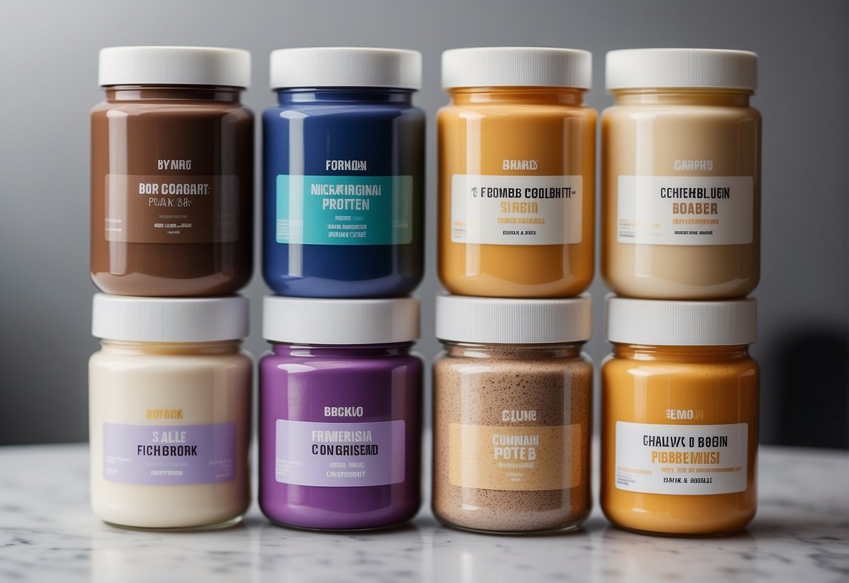 A variety of protein powder containers arranged on a clean, well-lit surface, with labels and nutritional information clearly visible