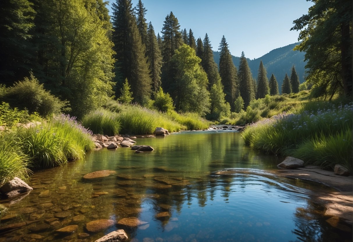 A serene natural landscape with a clear blue sky, lush greenery, and a sparkling stream, showcasing the harmony between environment and sustainable protein powder