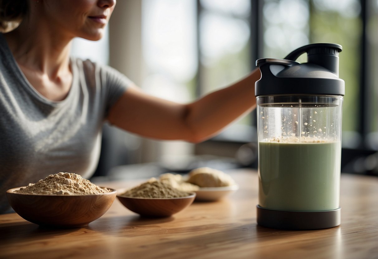 A woman's hand pouring protein powder into a shaker bottle