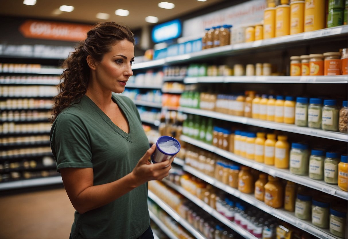 A woman selecting from a variety of protein powder products in a store aisle