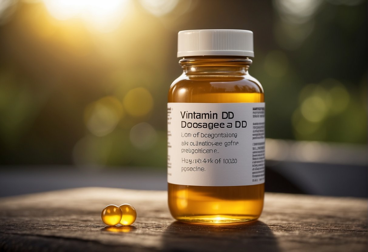 A bottle of vitamin D with dosage instructions and a warning label