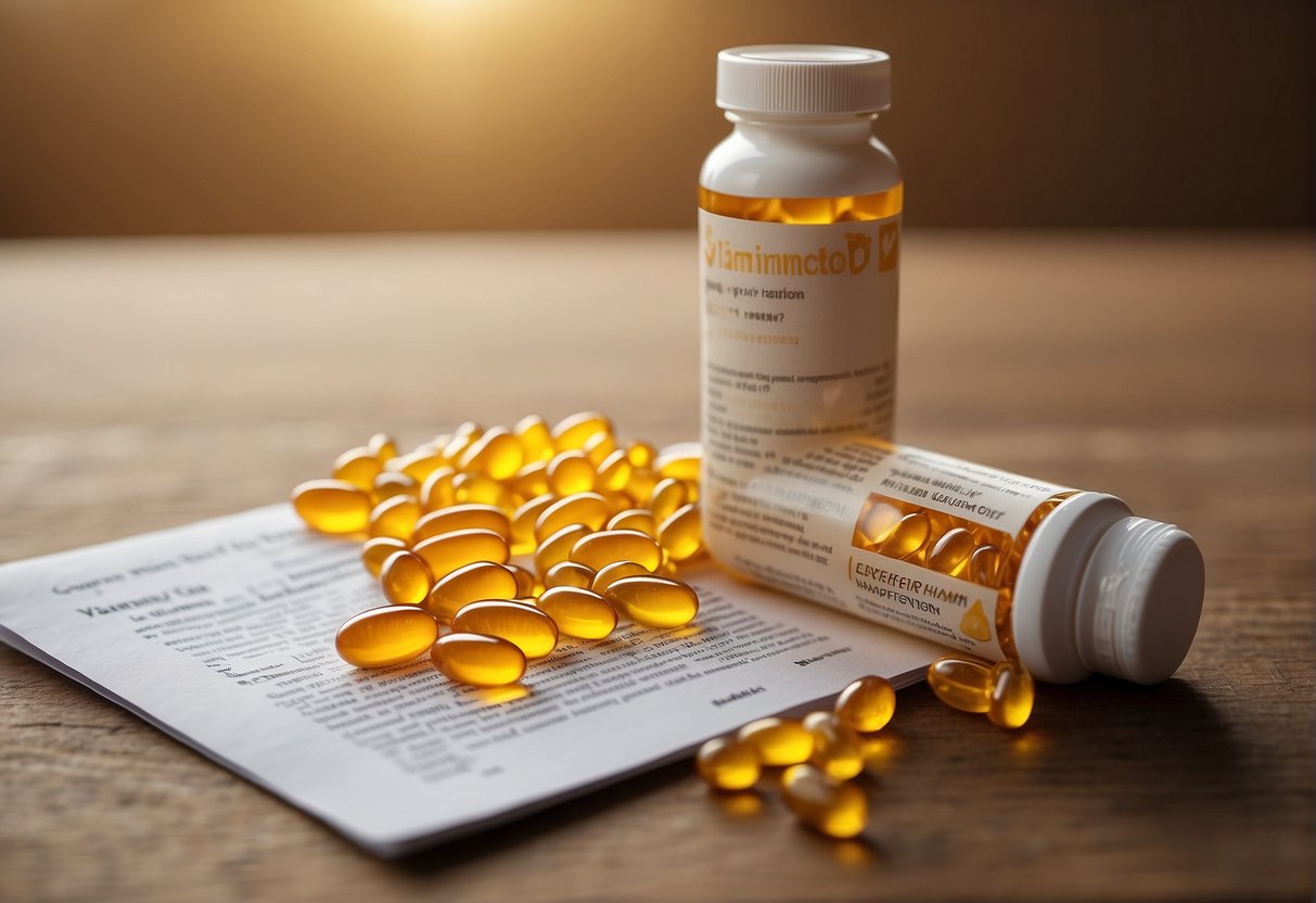 A bottle of vitamin D supplements surrounded by question marks and a list of common inquiries
