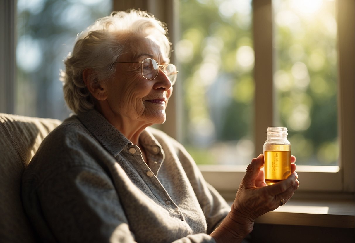 A sunny day with an elderly person sitting by a window, surrounded by vitamin D supplements and sunlight streaming in