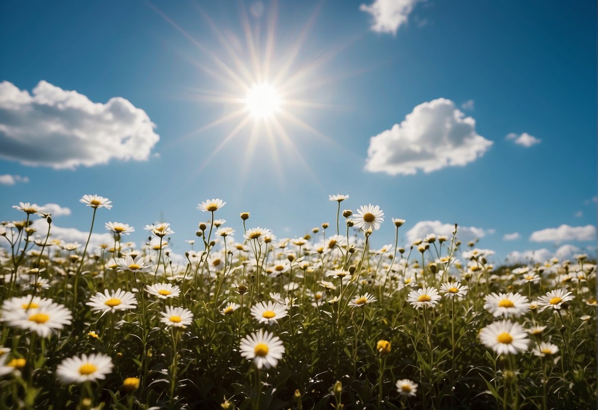 A bright sun shining down on a field of blooming flowers, with a clear blue sky and a few fluffy white clouds