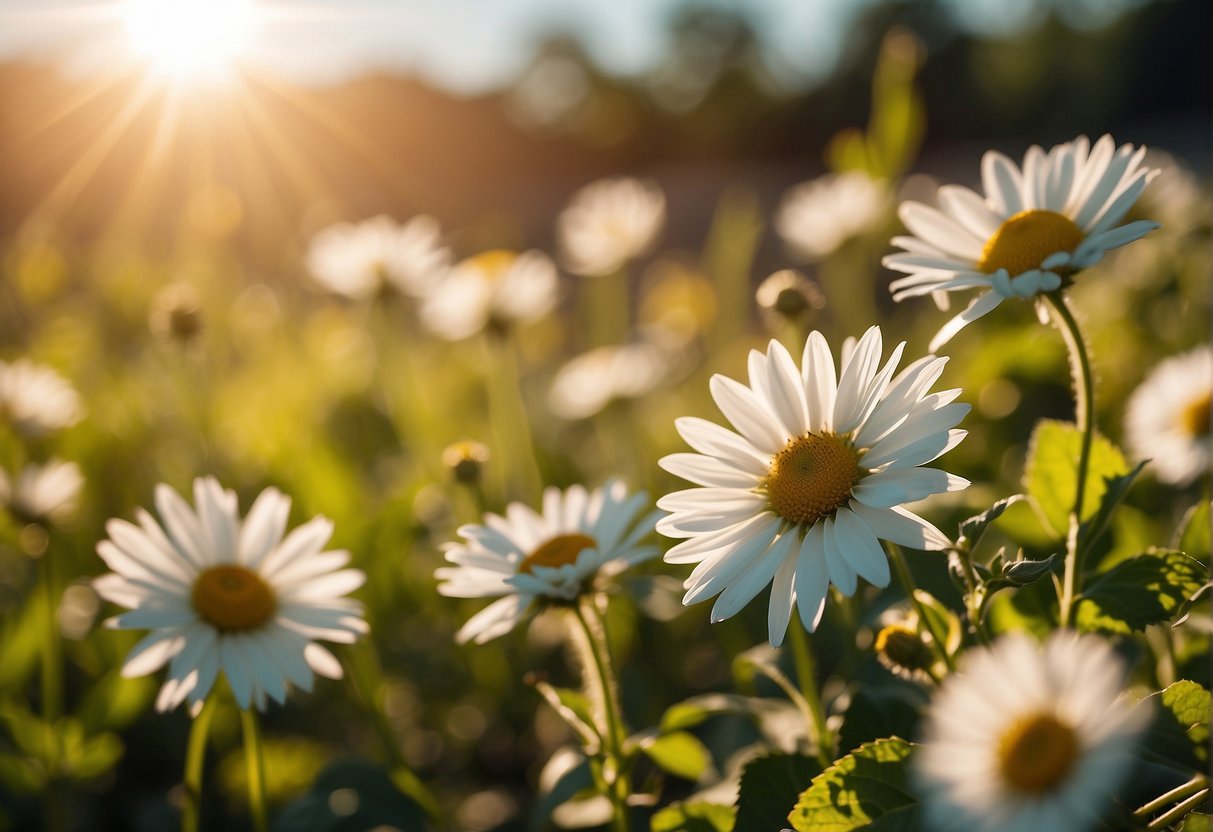 A bright sun shining down on a serene landscape, with greenery and flowers in bloom, symbolizing the positive impact of vitamin D on mental health