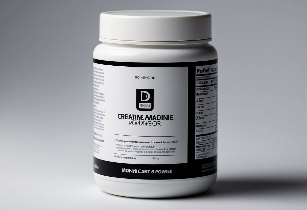 A jar of creatine monohydrate powder sits on a clean, white surface. The label is clear and easy to read, and the powder is finely ground and pure white in color