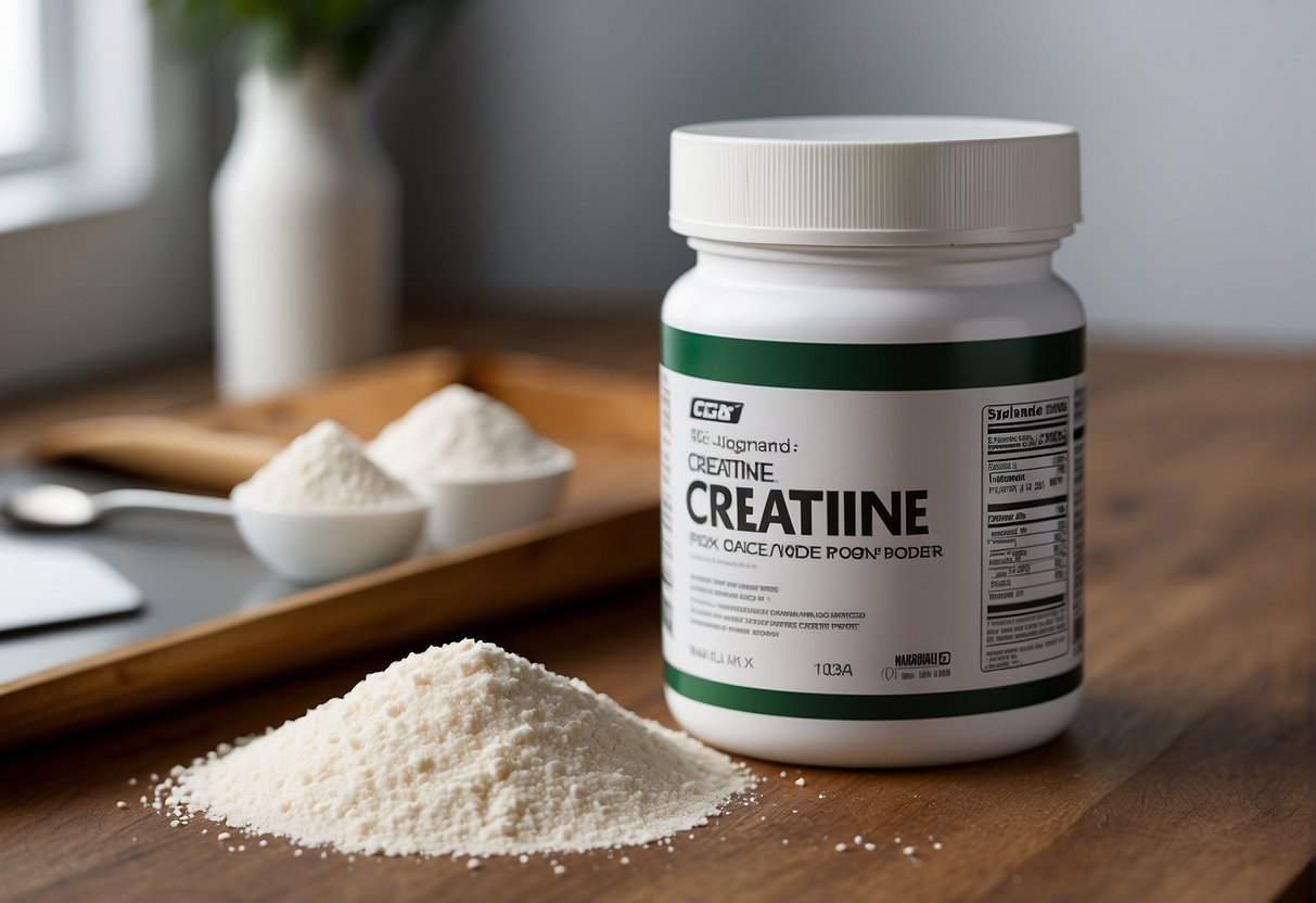 A container of creatine monohydrate powder sits on a clean, white countertop, next to a measuring scoop. The label prominently displays the product name and usage instructions