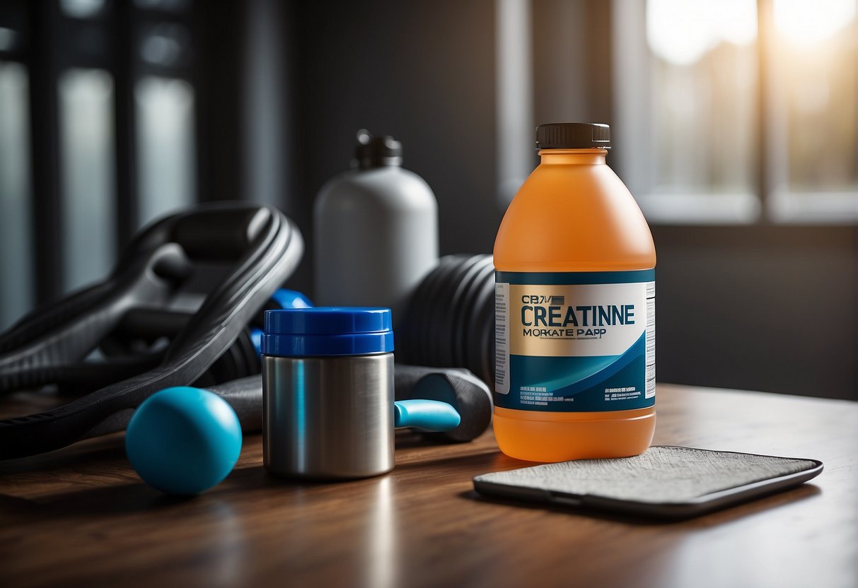 A container of creatine monohydrate surrounded by workout equipment and a water bottle, with a focus on the label and powder texture