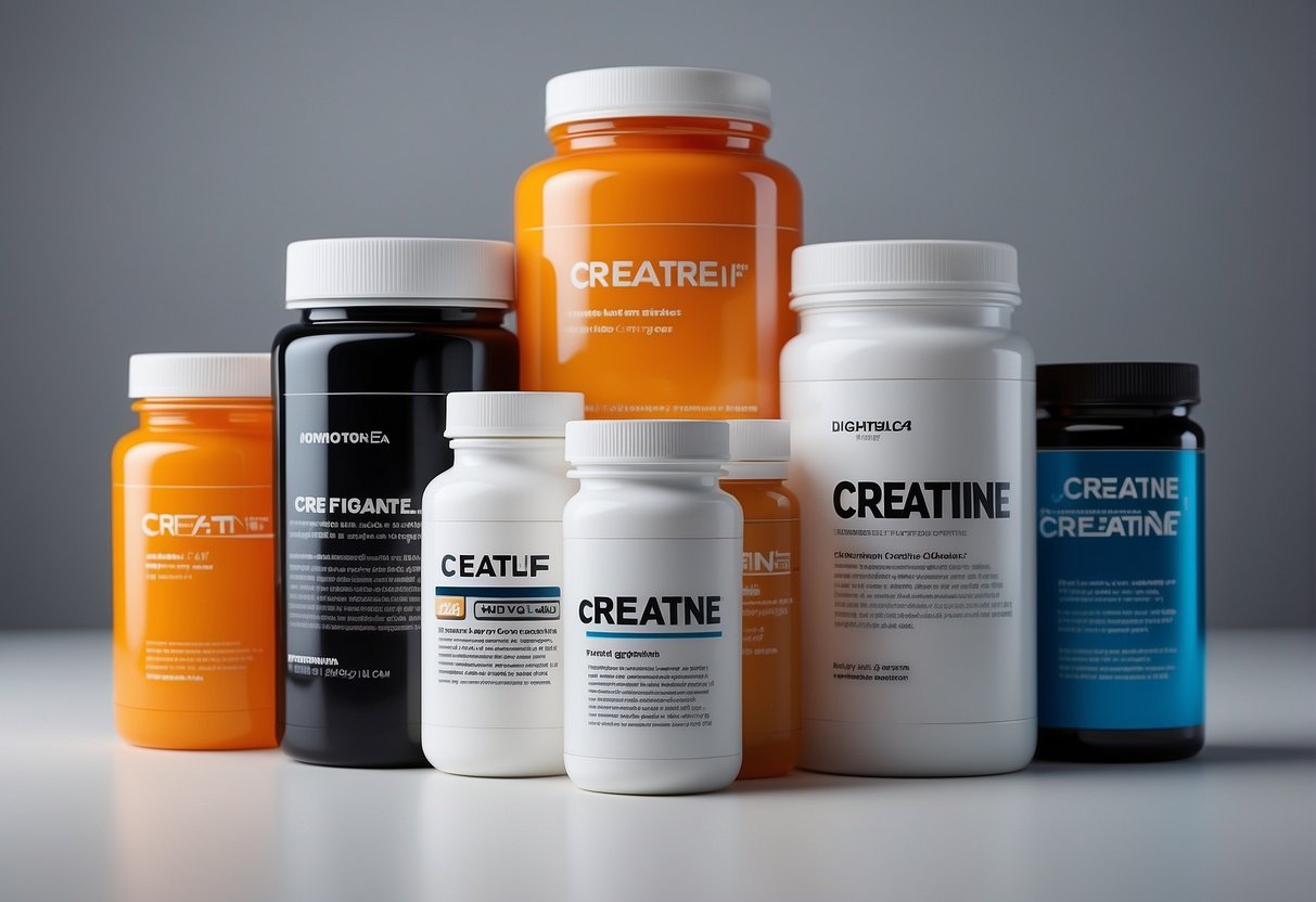 Various types of creatine and alternative creatine monohydrate displayed with labels and scientific diagrams