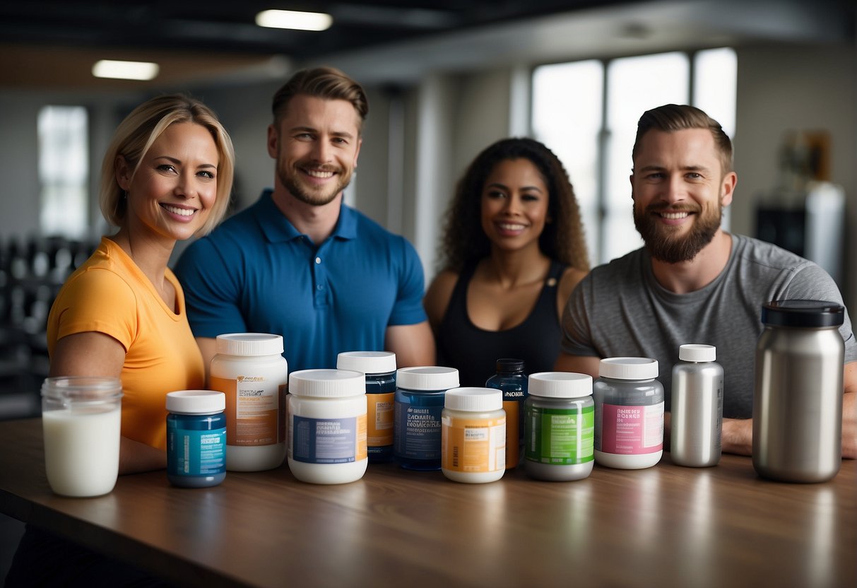 A group of diverse individuals with specific needs holding containers of creatine monohydrate, surrounded by fitness equipment and nutritional supplements