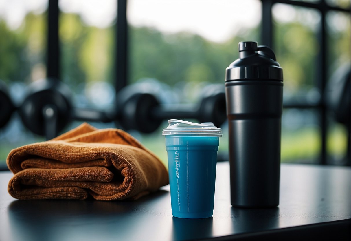 A bottle of pre-workout sits next to a shaker cup and a towel on a gym bench. A pair of headphones and a phone are nearby