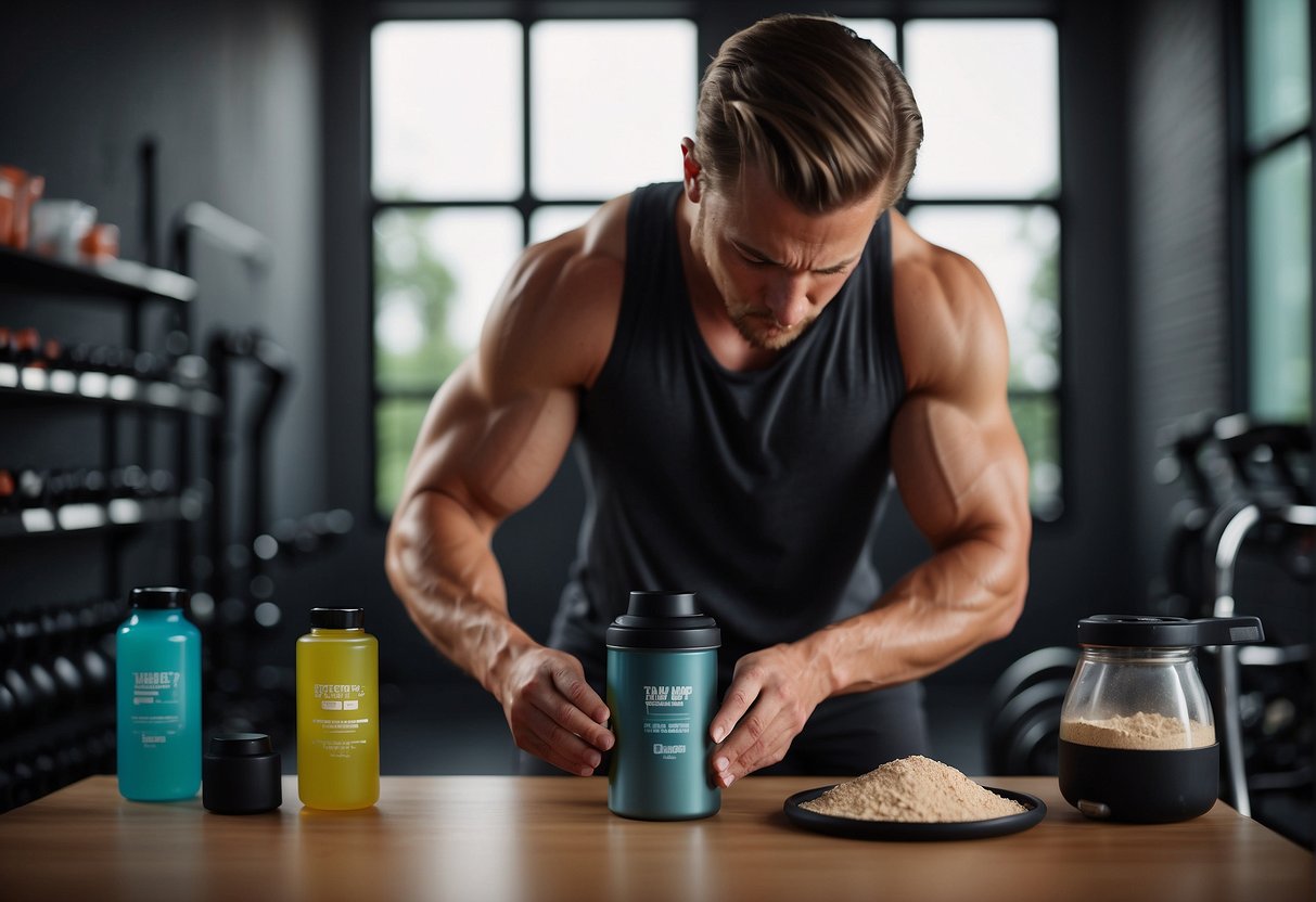 A person mixing pre-workout powder into a shaker bottle, surrounded by fitness equipment and a motivational poster