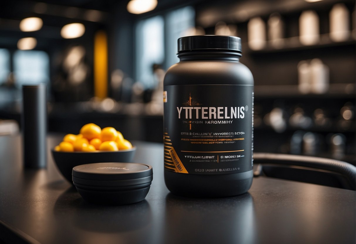 A bottle of Ytterligare Hänsyn pre workout sits on a sleek, modern countertop, surrounded by fitness equipment and a motivational quote on the wall