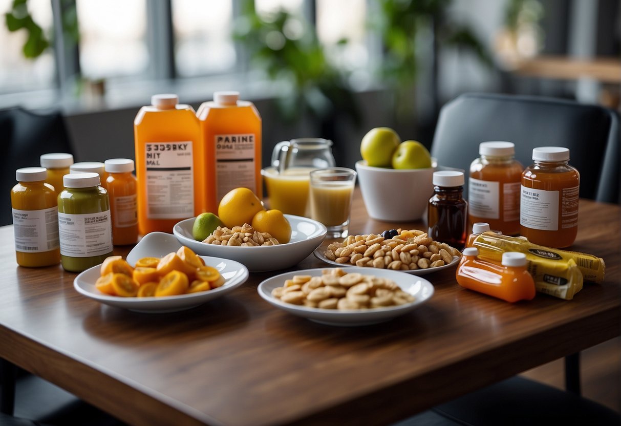 A table set with a variety of healthy pre-workout snacks and drinks, alongside safety equipment such as a first aid kit and emergency contact information