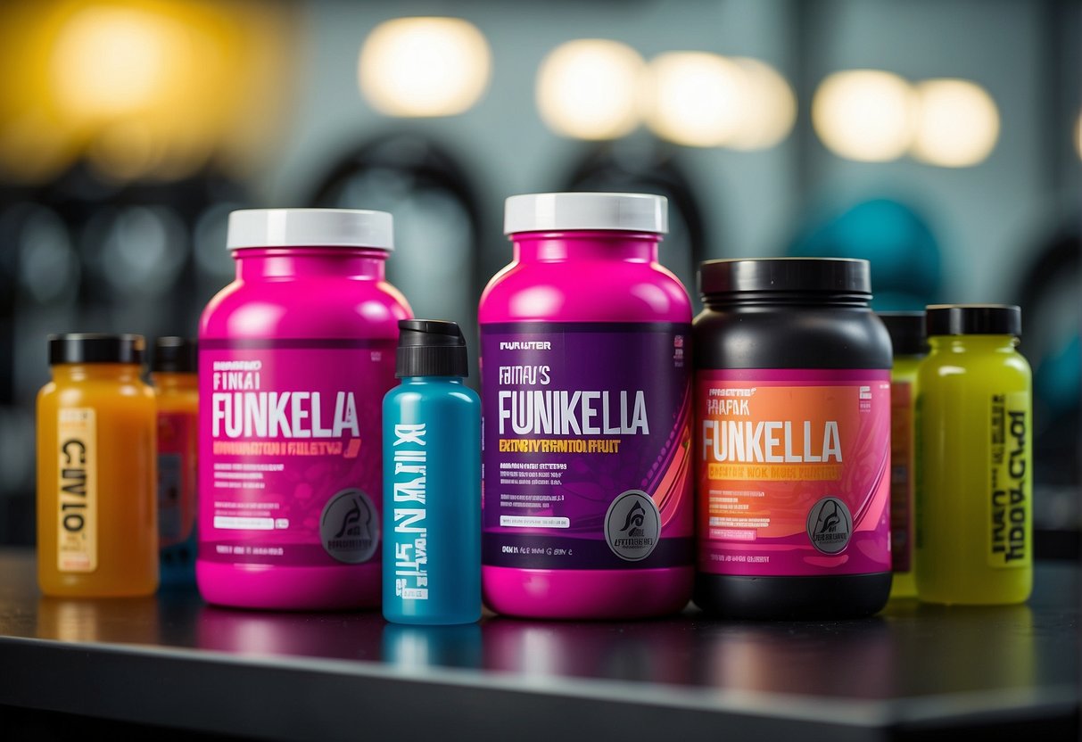 A vibrant and energetic gym setting with various workout equipment and bottles of Funktionella Effekter pre-workout supplement on display