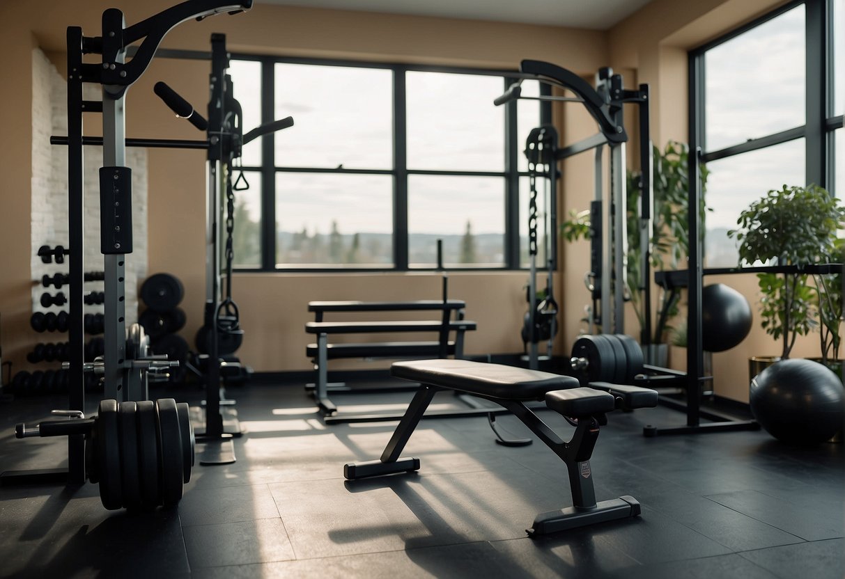 A home gym with a sturdy weight bench, a set of dumbbells, and a resistance band for back exercises