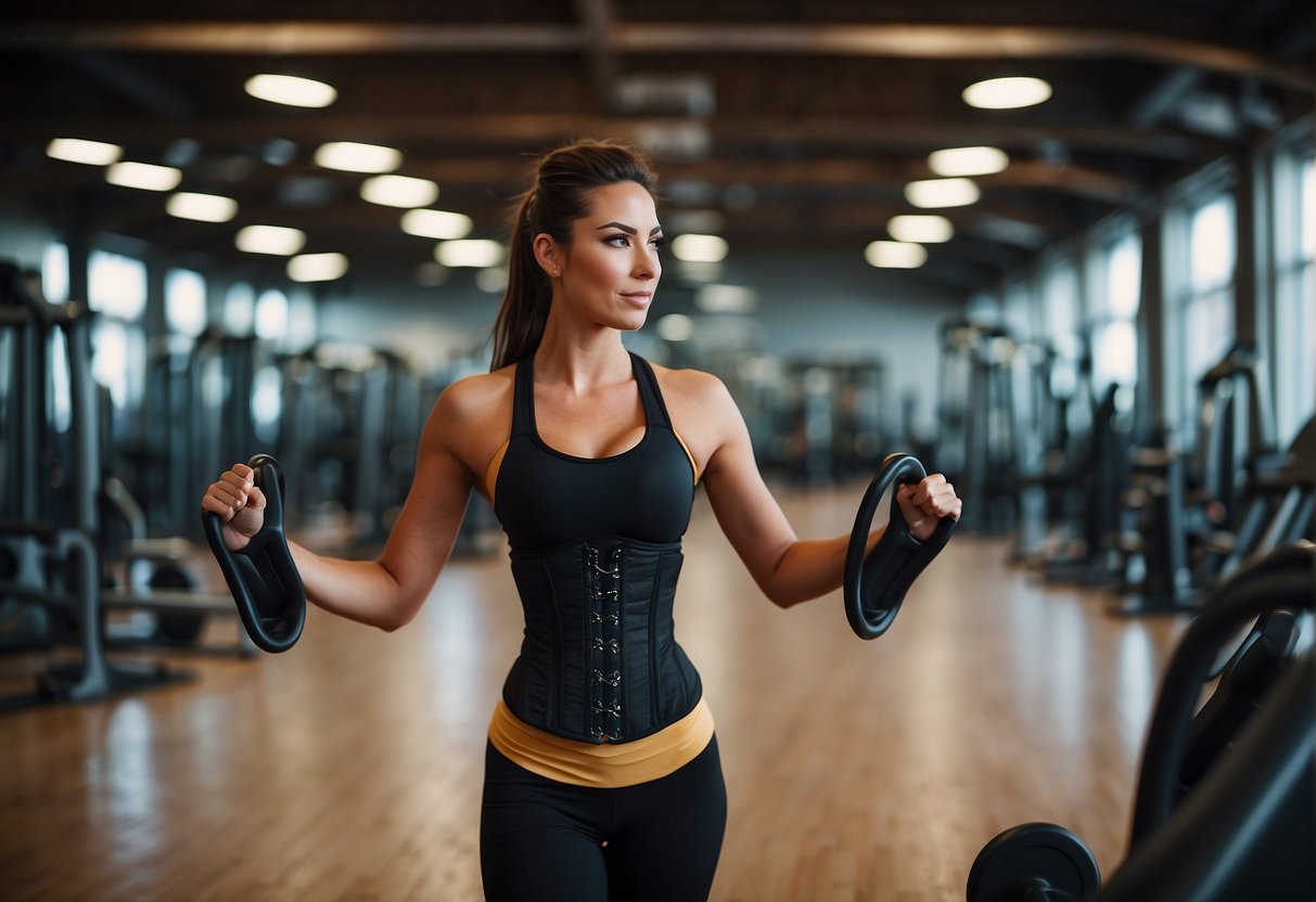 A person wearing a corset while exercising in a gym