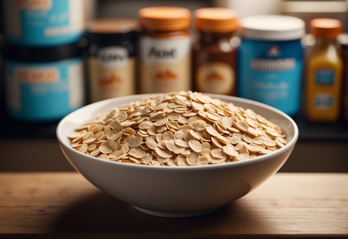A bowl of oatmeal with protein powder mixed in, surrounded by various protein products on a market shelf