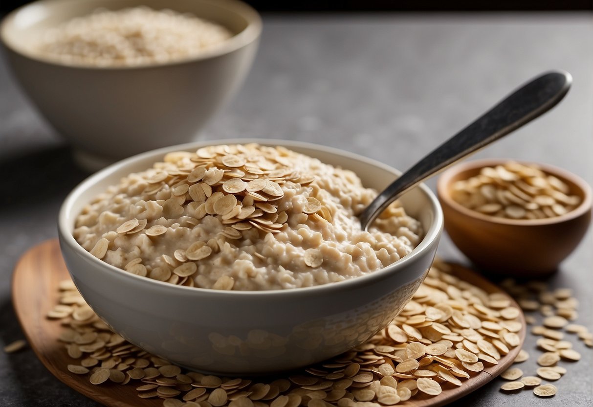 A bowl of oatmeal with a scoop of protein powder on the side. A spoon rests on the bowl, ready for mixing. A jug of milk and a container of protein powder are nearby