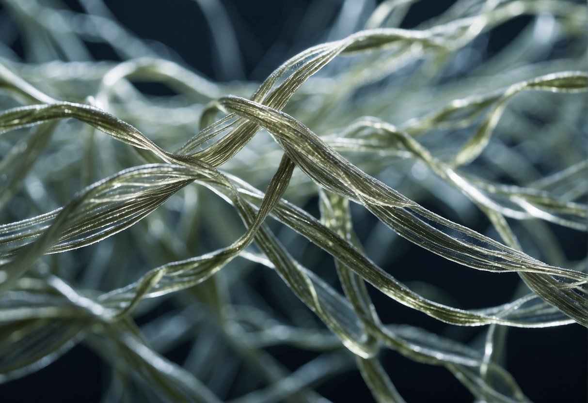 A close-up of collagen fibers intertwining and forming a strong, flexible network. Light reflects off the surface, highlighting its structure and texture