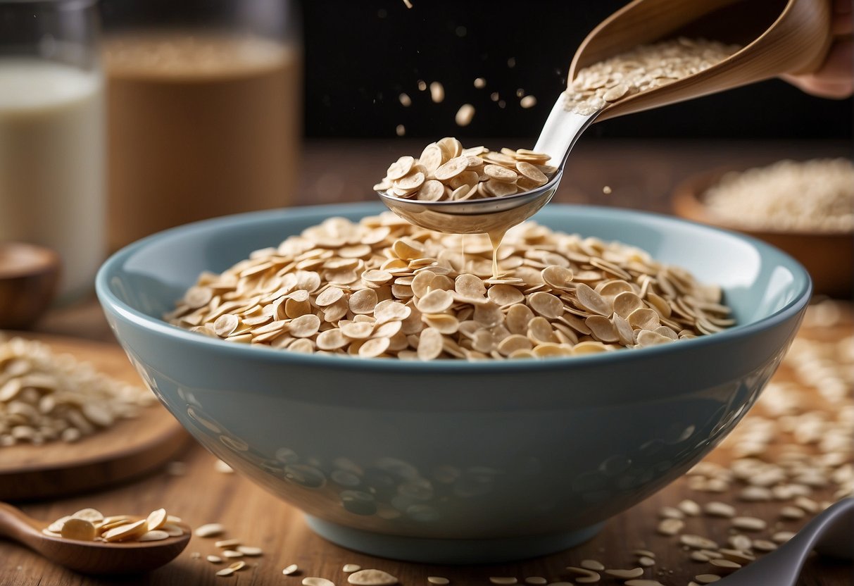 A bowl of protein oatmeal being mixed with protein powder