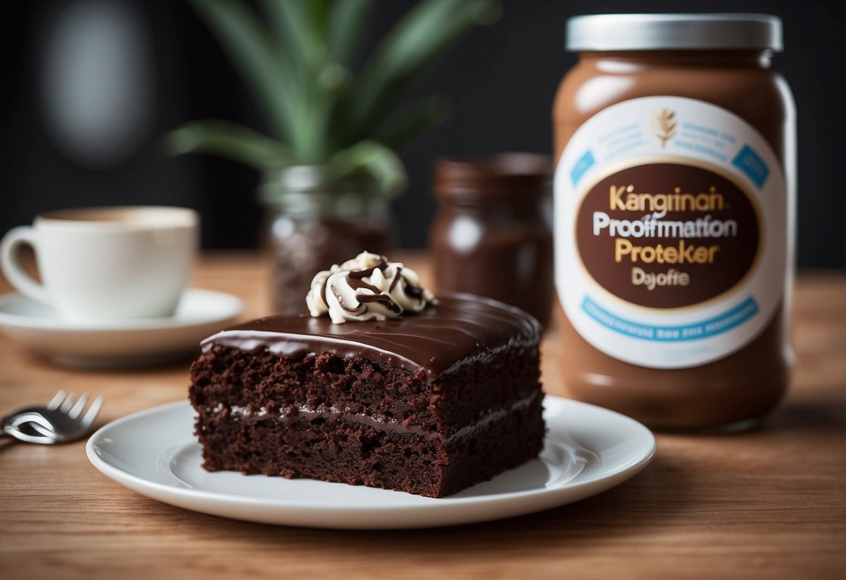 A jar of protein powder sits next to a plate of chocolate cake, with a nutrition label displaying "Näringsinformation kladdkaka proteinpulver."