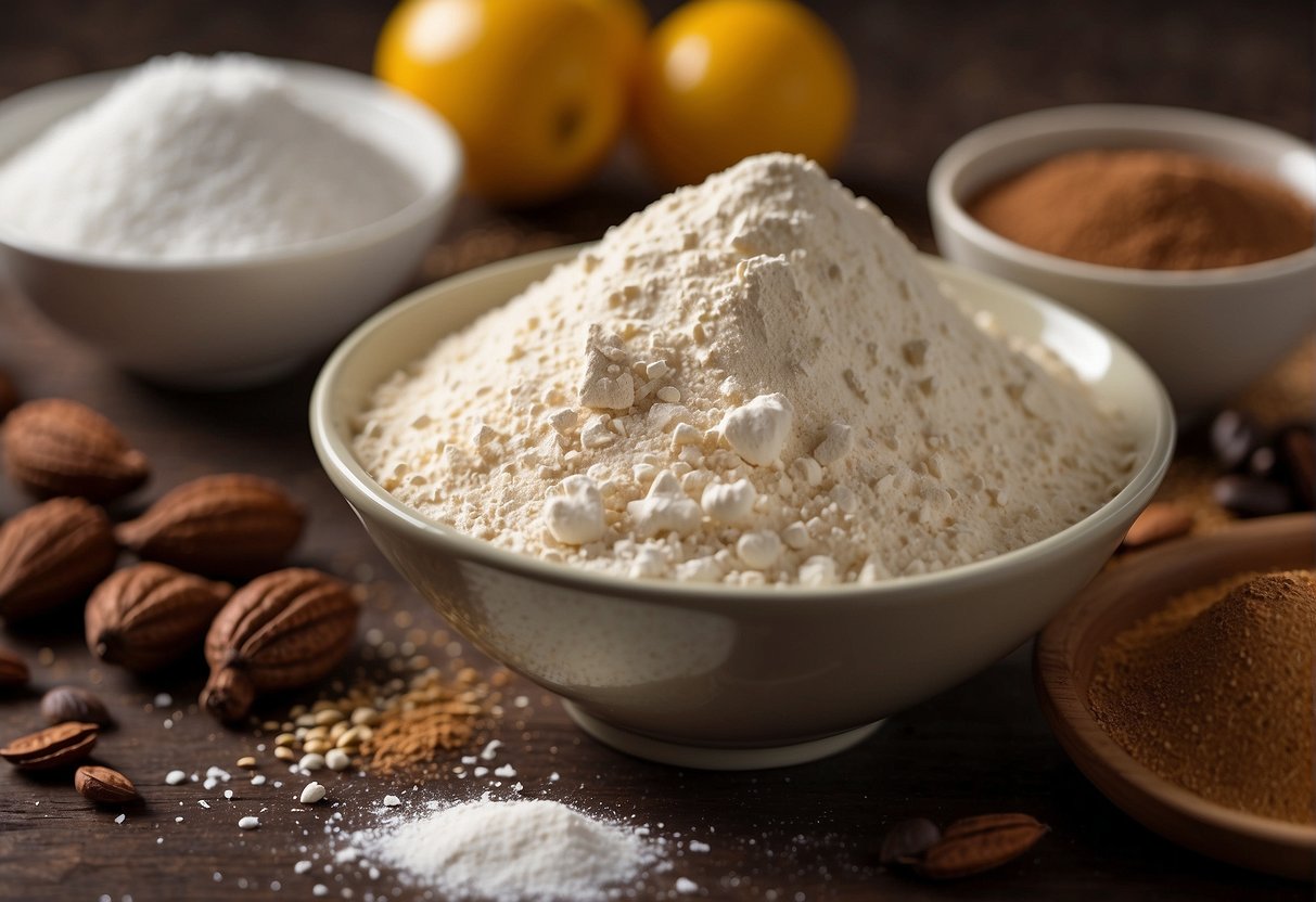 A table with ingredients: flour, cocoa powder, sugar, and protein powder. A bowl with a mixture