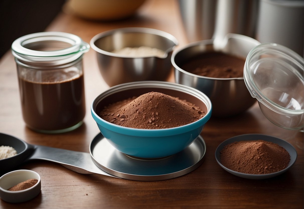 A protein powder container sits on a kitchen counter next to a mixing bowl and measuring spoons, ready to be used in making a protein-packed chocolate cake