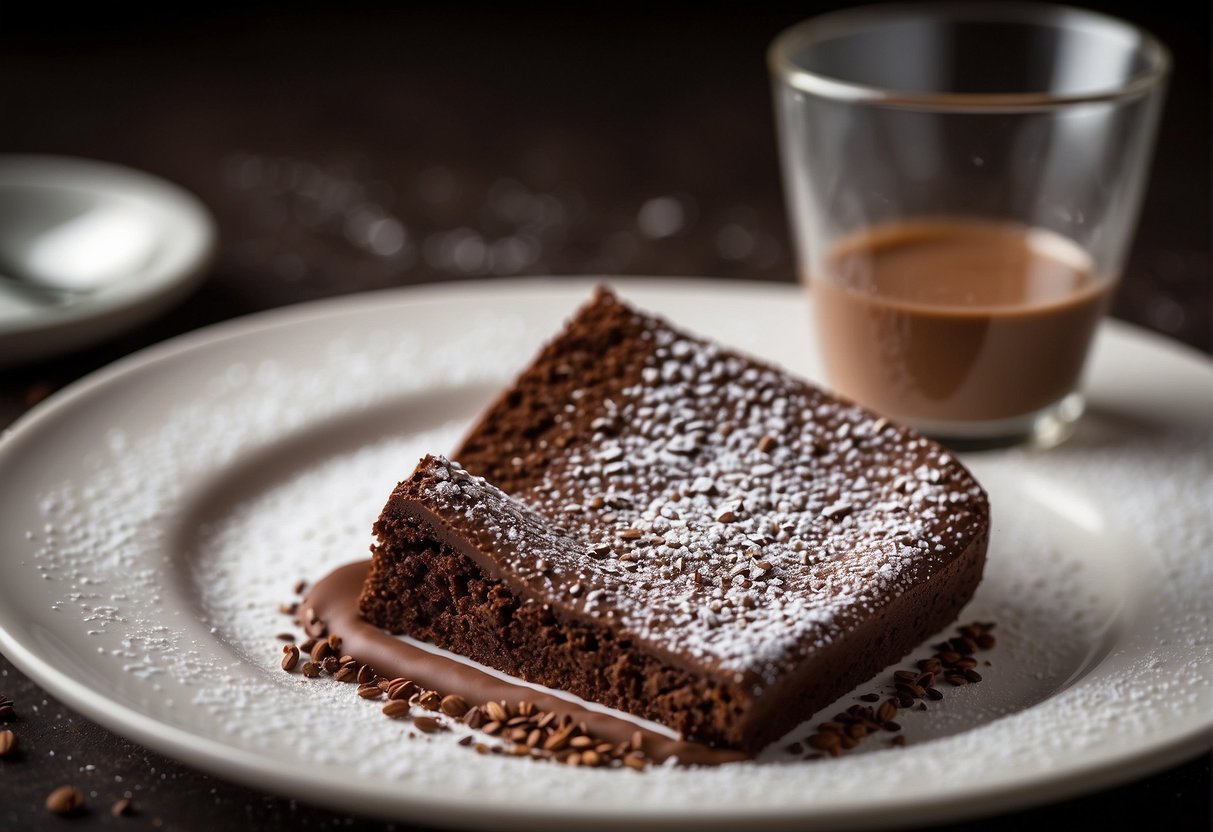A slice of protein powder-infused kladdkaka on a minimalist plate, surrounded by scattered cocoa powder and a dusting of powdered sugar