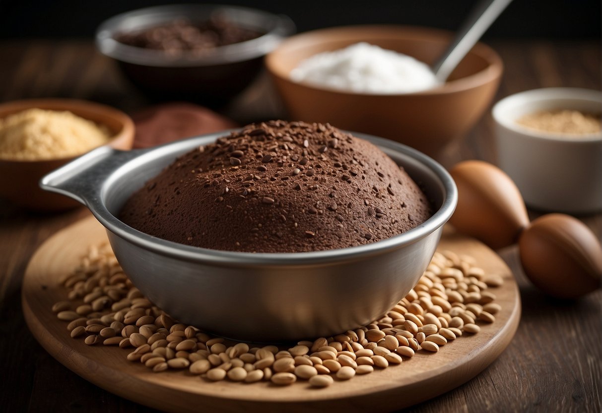 A mixing bowl with ingredients, a scoop of protein powder, a whisk, and a baking pan with a freshly baked kladdkaka
