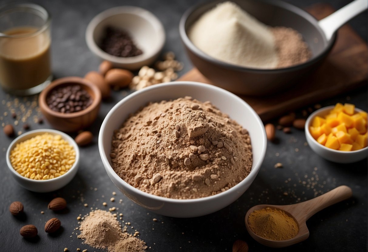 A mixing bowl with protein powder and ingredients for Kladdkaka